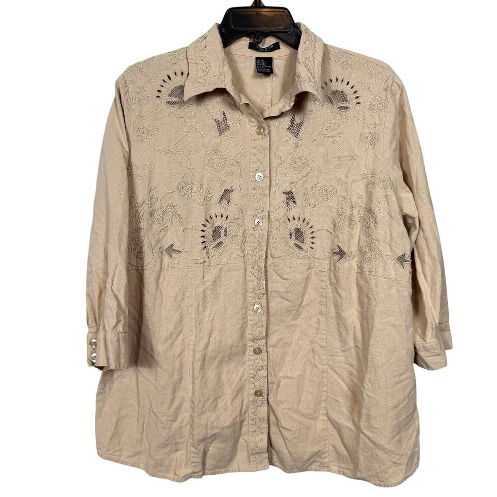 Autograph Woman 100% Linen Top 1X Tan Brown Eyelet Embroidered Business Casual